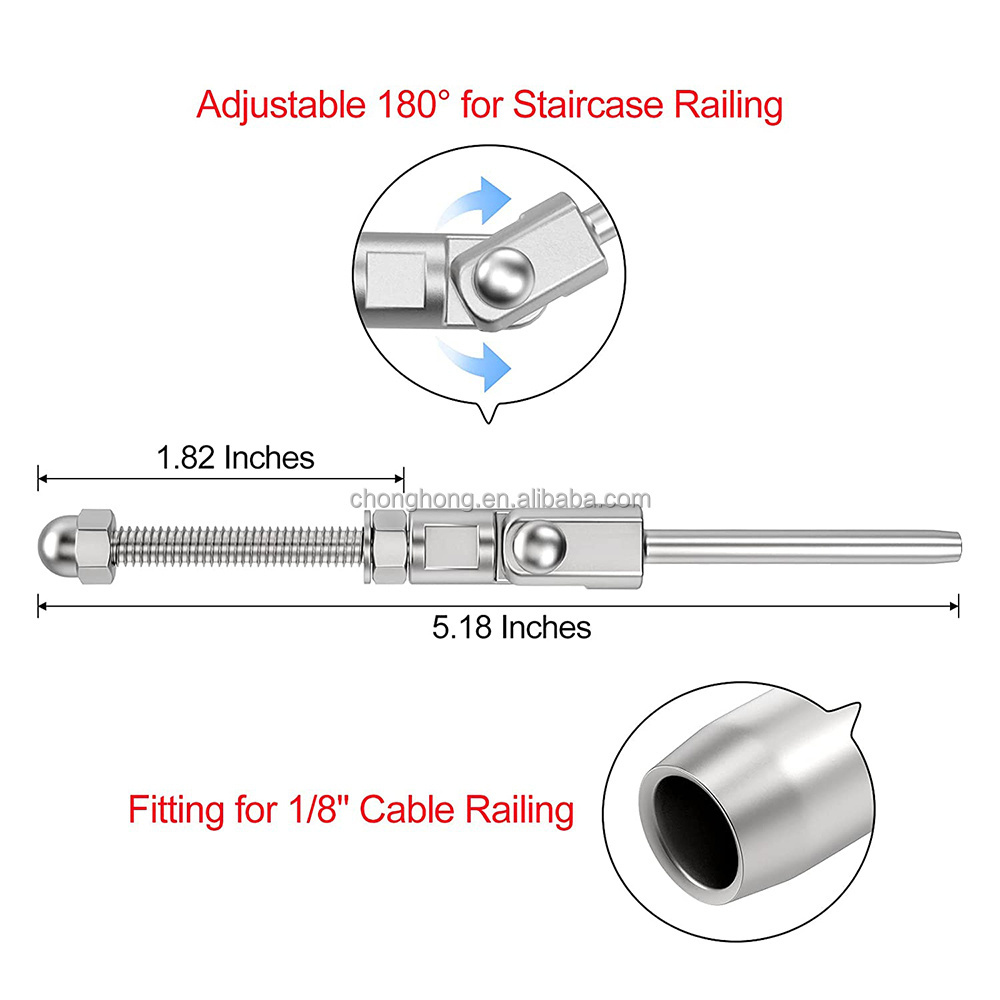 T316 Stainless Steel Adjustable Angle Cable Railing Swage Threaded Stud Tension End Fitting Terminal for 1/8