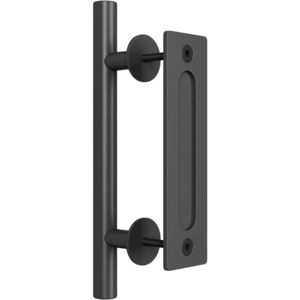 Black Round Solid Steel Pull Handle Heavy Duty 12" Pull and Flush Barn Door Handle Set for Gates Garages Sheds Furniture