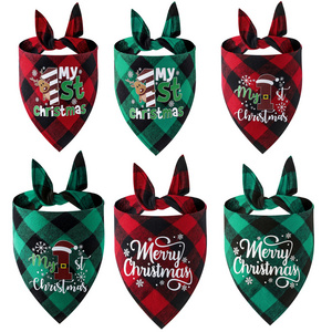 New Christmas pet cotton red black green black check pet dog saliva towel single plaid triangle scarf pet scarf