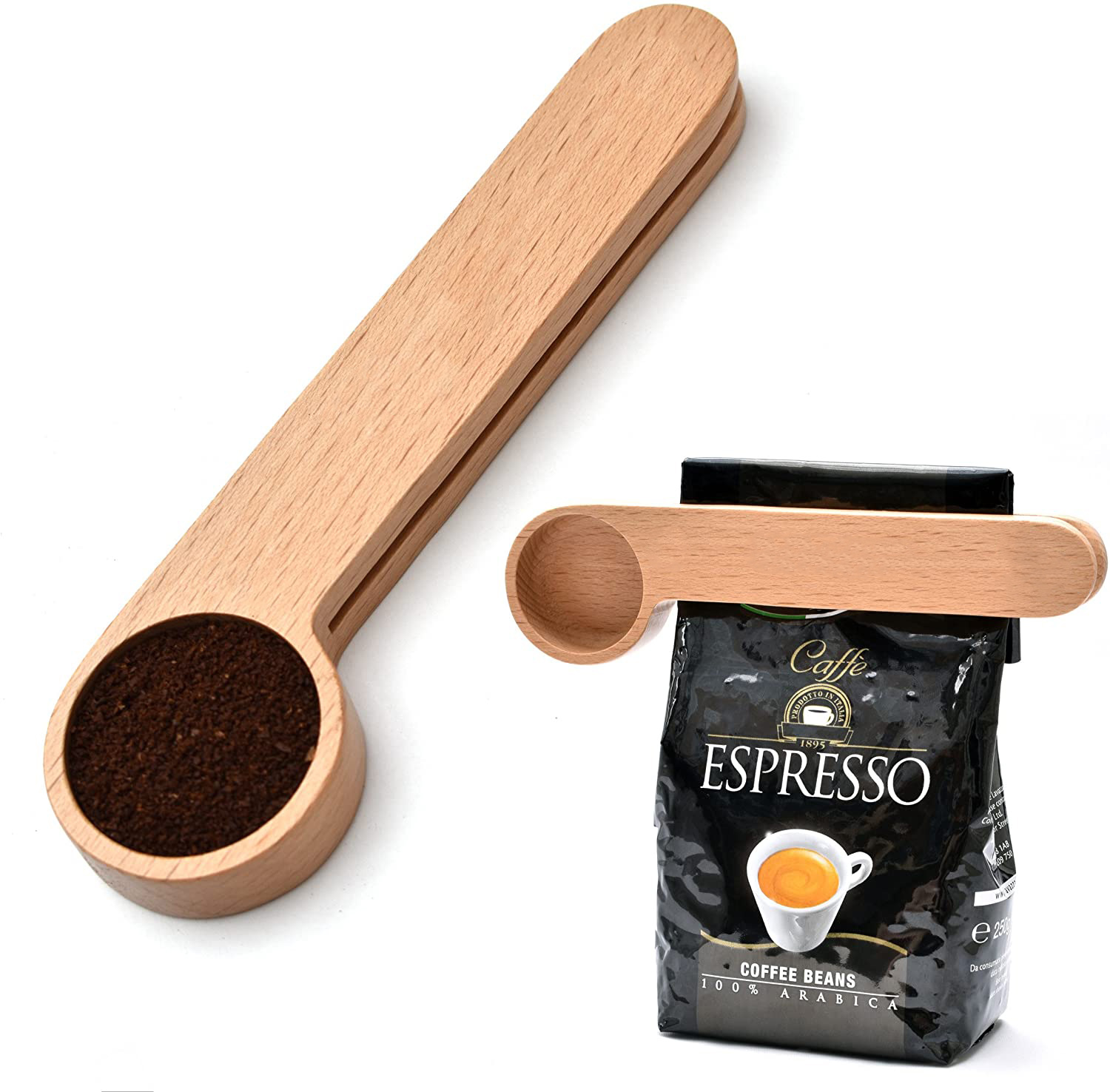 Natural Beech Wood Spoon 2-In-1 Bags Measuring Spoon Wood Coffee Scoop with Bag Clip with Good Quality for Kitchen