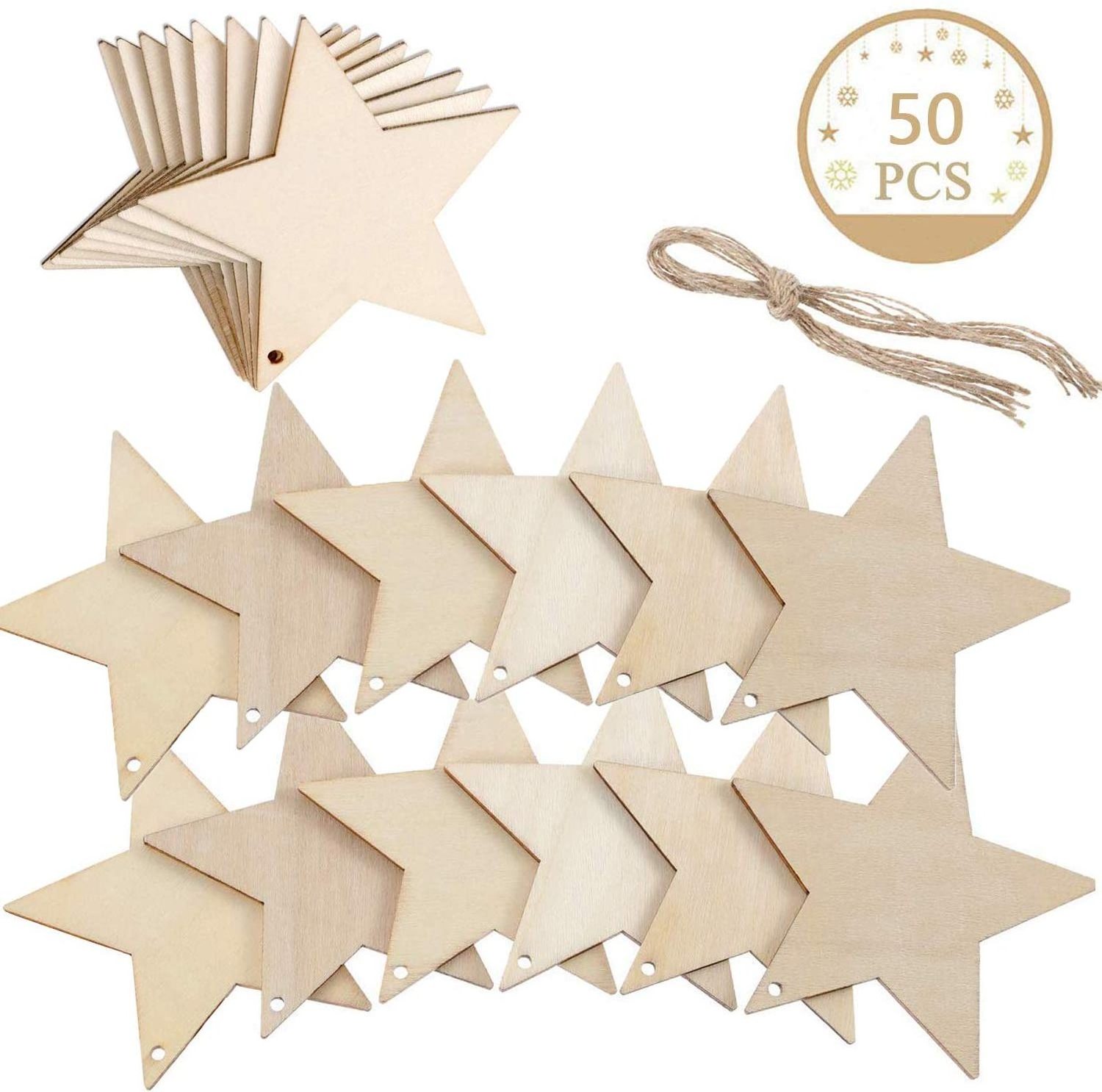 Unfinished Carved Christmas Wood Star Hanging Decoration Rustic Plywood Star Cutouts Christmas Tree Ornaments  DIY Crafts