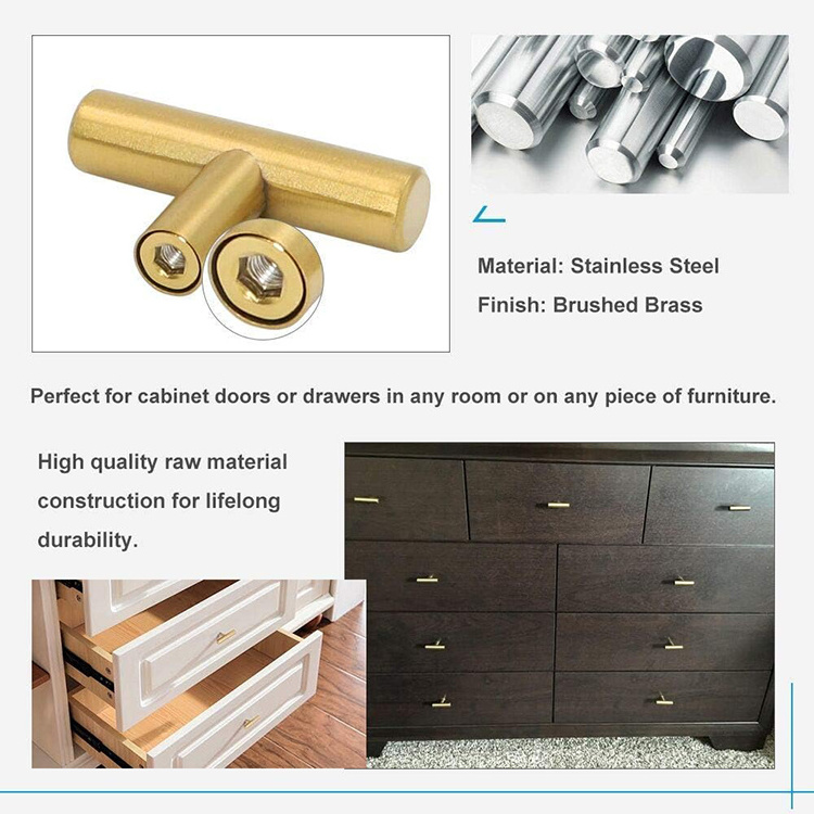 2 Inch Overall Length Gold Drawer Knobs Kitchen Cabinet handle Gold Hardware Cabinets Brushed Brass T Bar Knobs