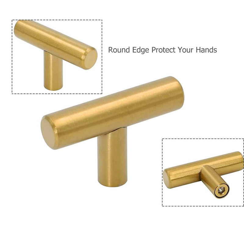 2 Inch Overall Length Gold Drawer Knobs Kitchen Cabinet handle Gold Hardware Cabinets Brushed Brass T Bar Knobs