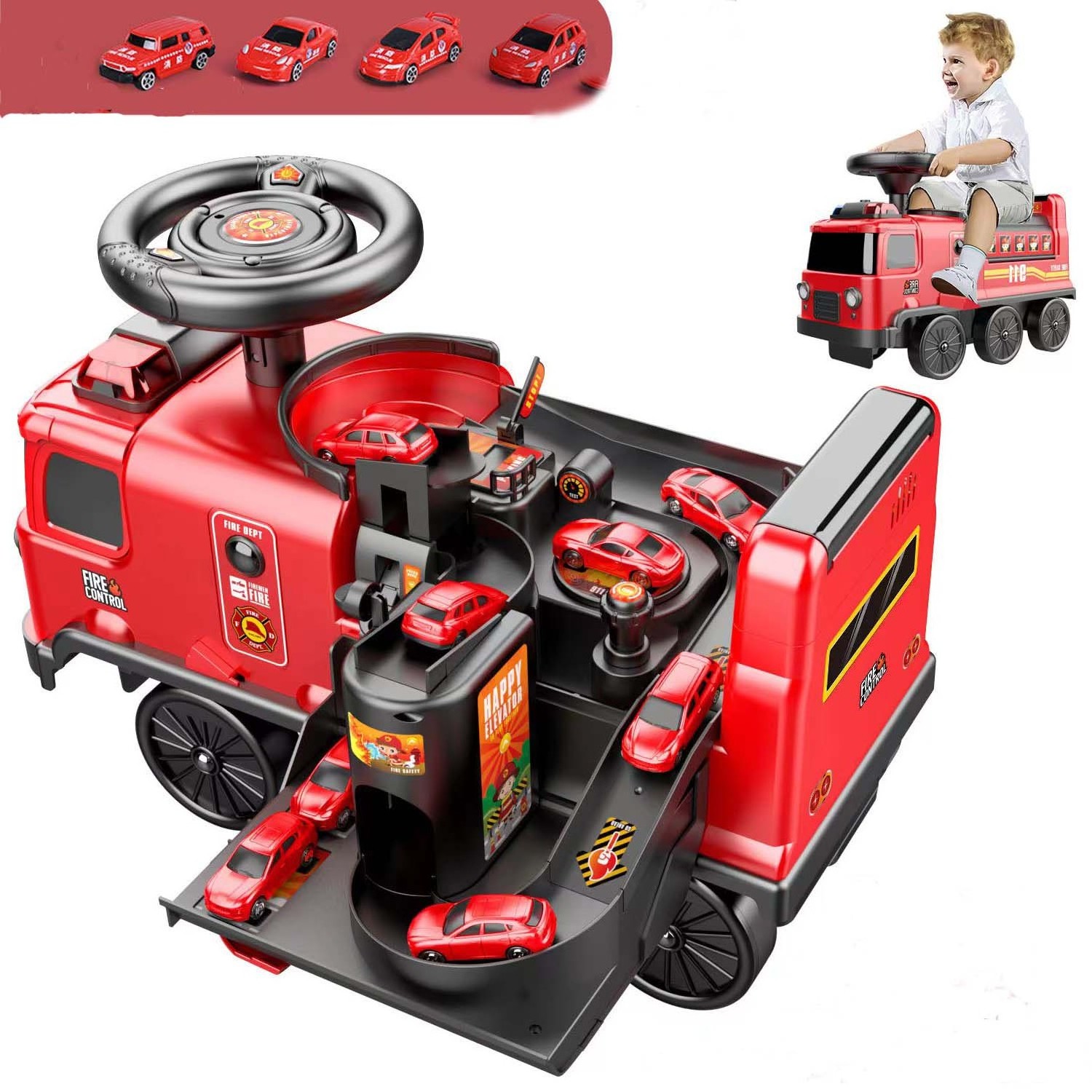 Stock available the battery model  ride on the fire truck adventure Kids red Car Soft electric fire toy for two cars free