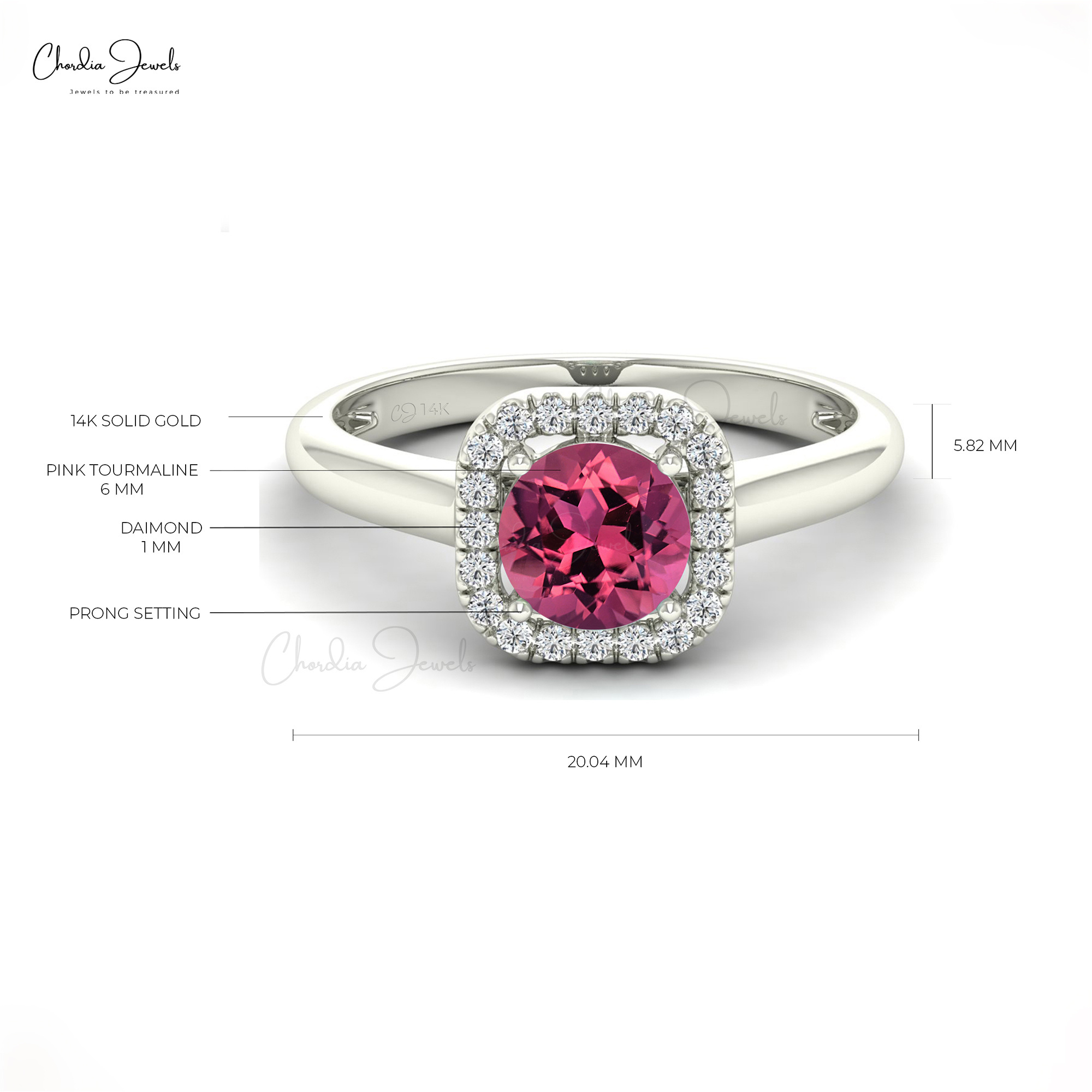 Hot Sale 6mm Pink Tourmaline & White Halo Diamond Ring 14k Real Gold Halo Cocktail Ring Birthstone Jewelry Wholesale Deals