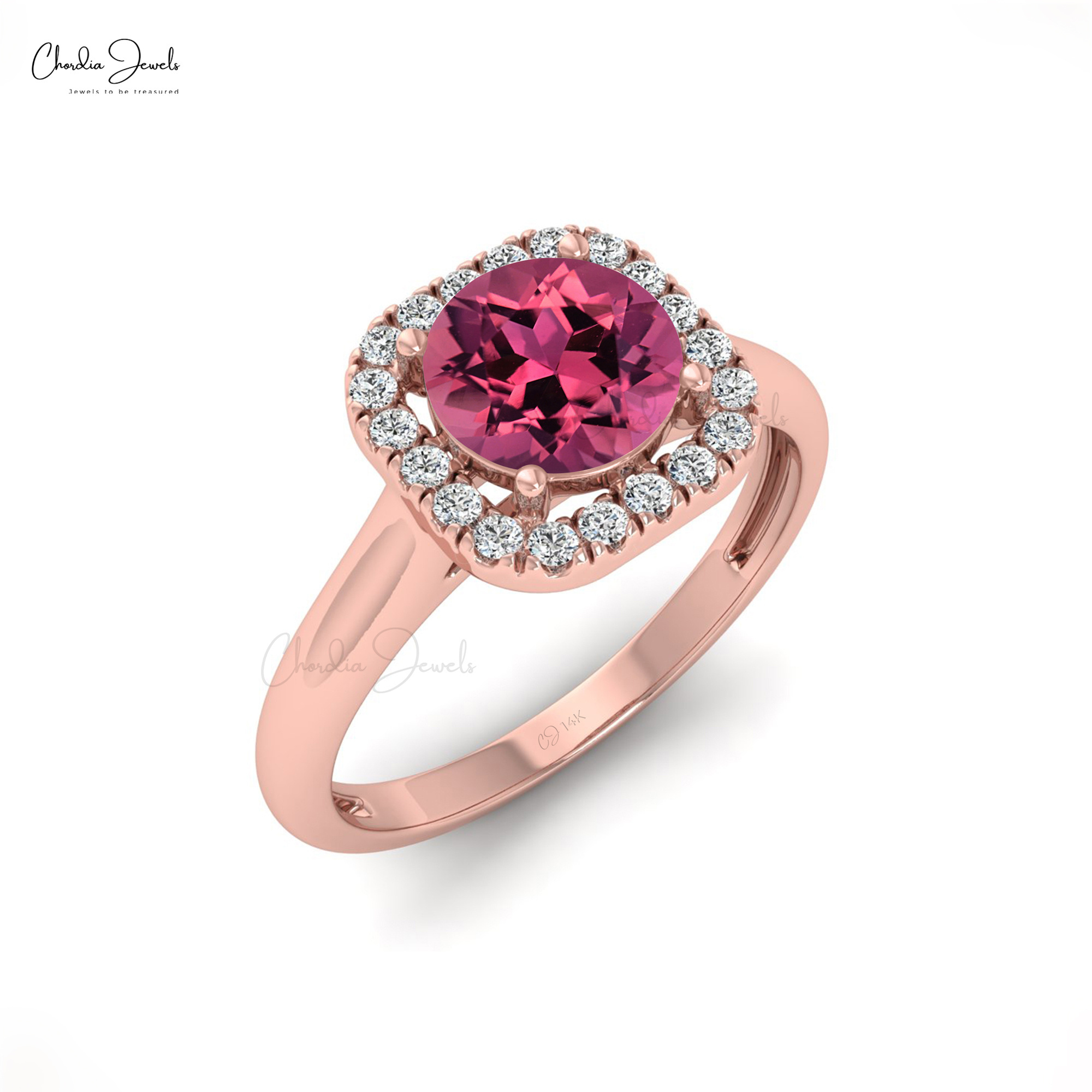 Hot Sale 6mm Pink Tourmaline & White Halo Diamond Ring 14k Real Gold Halo Cocktail Ring Birthstone Jewelry Wholesale Deals