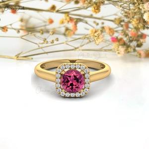 Hot Sale 6mm Pink Tourmaline & White Halo Diamond Ring 14k Real Gold Halo Cocktail Ring Birthstone Jewelry Wholesale Deals