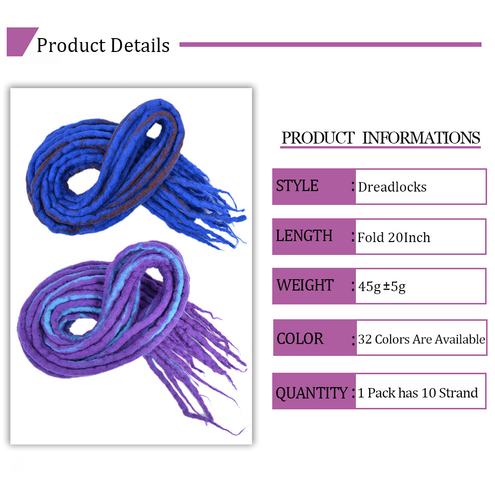 Wholesale Nepal Wool Faux Dread locks Crochet Braid Locs Afro Long Straight Pure Mixed Color Synthetic Dreadlocks Hair Extension