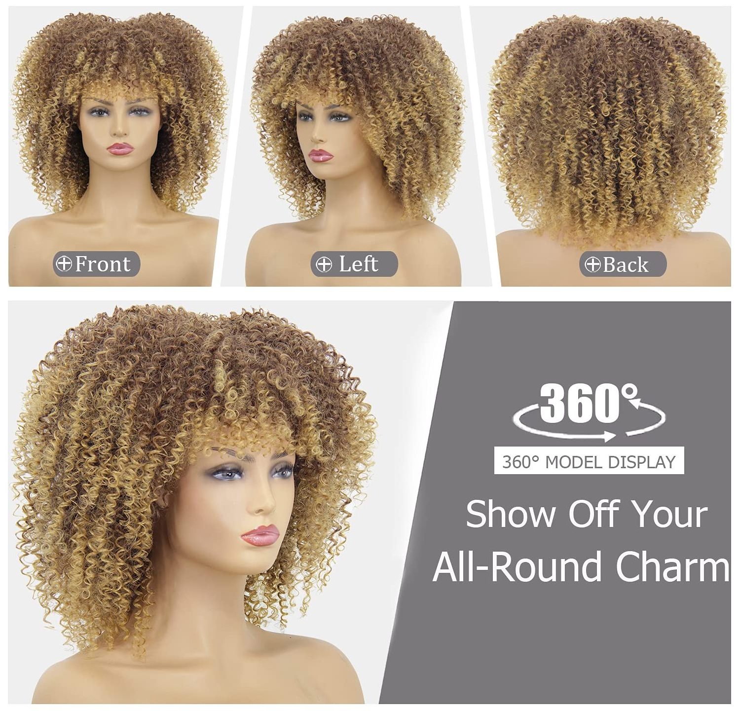 Wholesale High Quality Premium Fiber Heat Resistant Kinky Curly Ombre Brown Color Synthetic Wigs With Bangs For Black Women