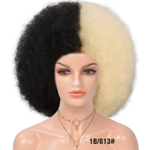 Cheap Black Blonde Afro Curly Pluff Kinky Curl Heat Resistant Fiber Cosplay Wig With Bangs Synthetic Hair Wigs For Black Women