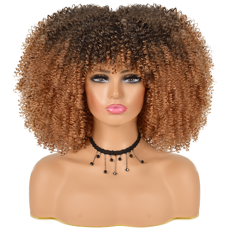 Wholesale High Quality Premium Fiber Heat Resistant Kinky Curly Ombre Brown Color Synthetic Wigs With Bangs For Black Women