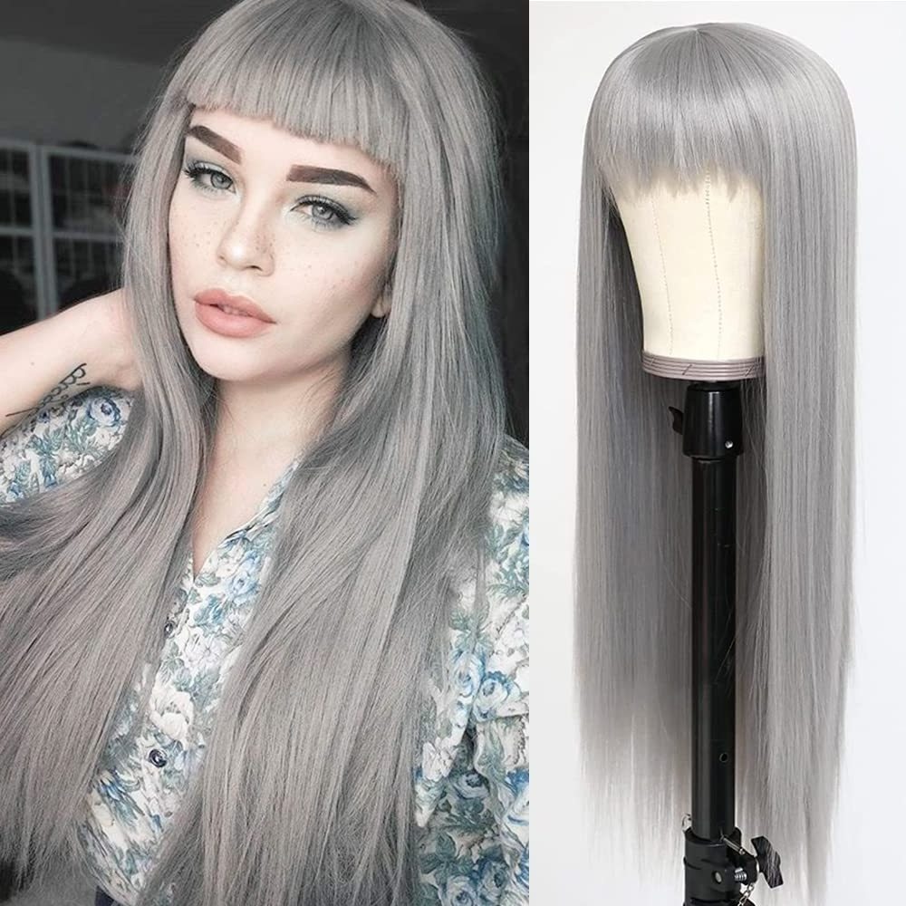 Cheap Ombre Pink Grey White Green Heat Resistant Fiber Cosplay Bob Wig With Bangs Long Straight Synthetic Hair Wigs For Women