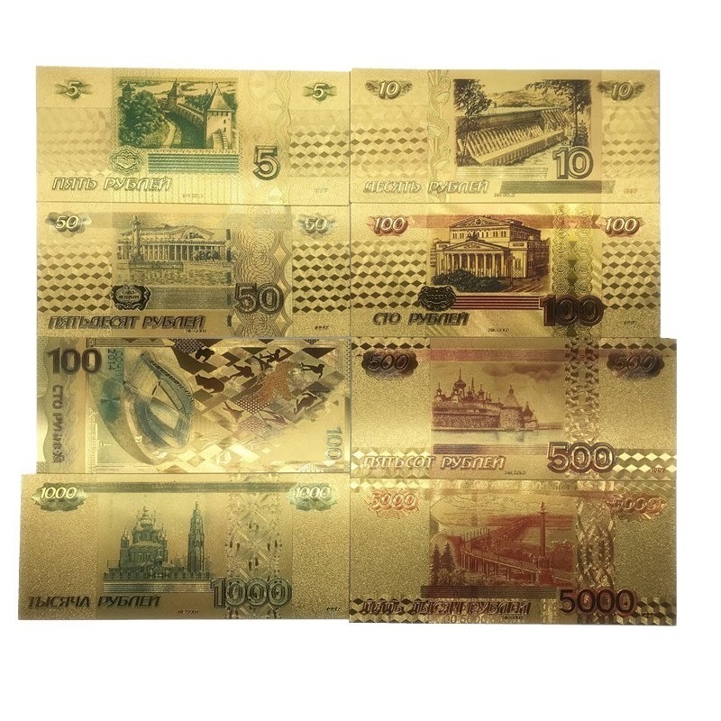 8pcs/Lot Color Russia Banknotes 5 10 50 100 500 1000 5000 Rubles Banknote in 24K Gold Plated  Money For Collection And Gift