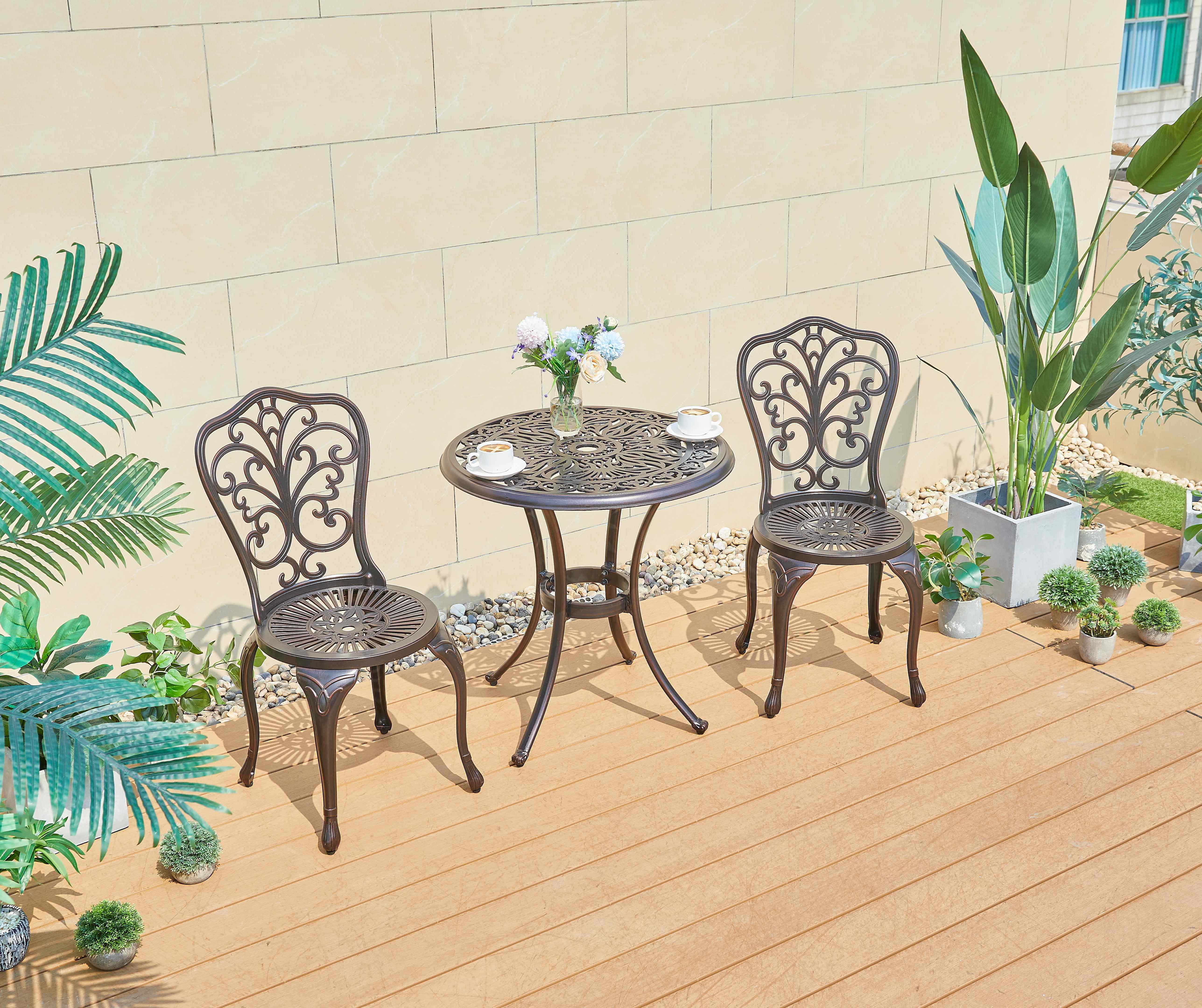 European Style Bronze cast Aluminum Outdoor Furniture Chair and Table Bistro Balcony 2+1 Garden set