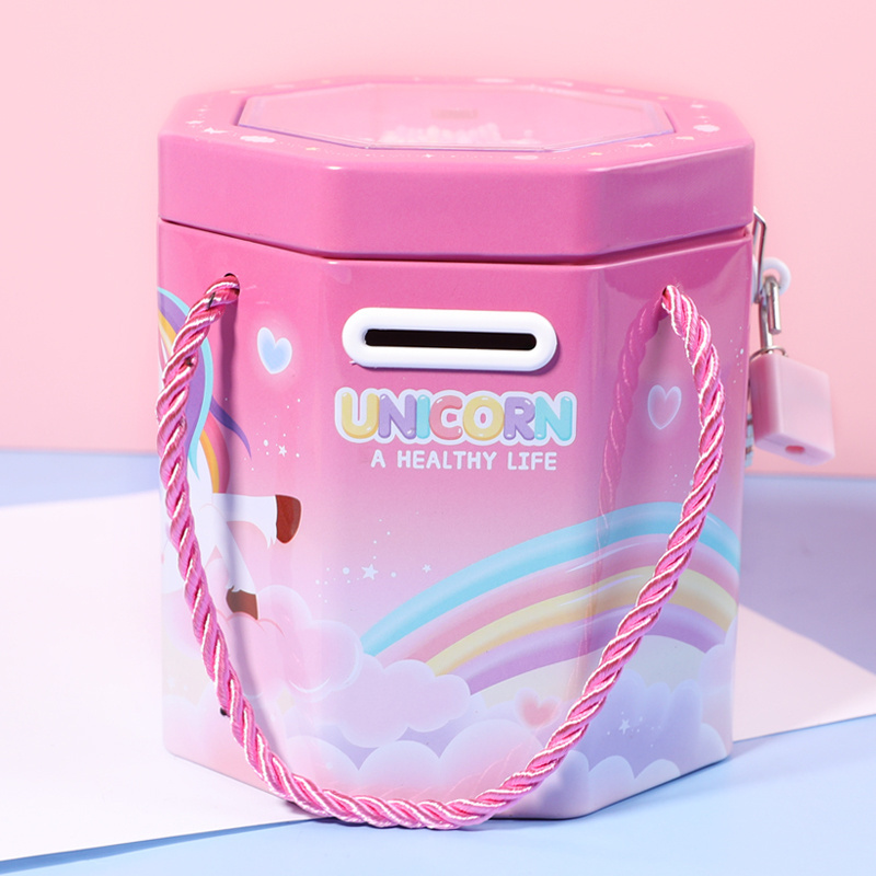 TOPSTHINK cute money box top foam ball portable coin box unicorn piggy bank with lock handle for kids