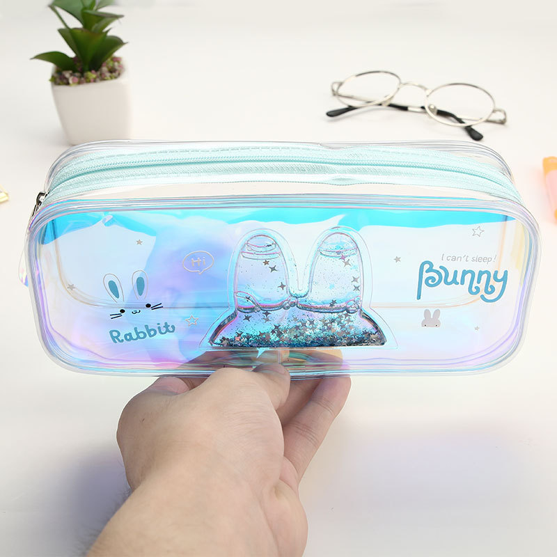 TOPSTHINK Laser clear pencil bag transparent quicksand cute rabbit PVC school pencil case zipper