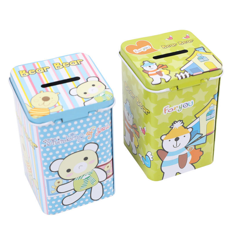 TOPSTHINK Cat Mouse Monkey Bear Square Kids Metal Tinplate Money Saving Box Piggy Bank Coin Bank With Lock And Keys