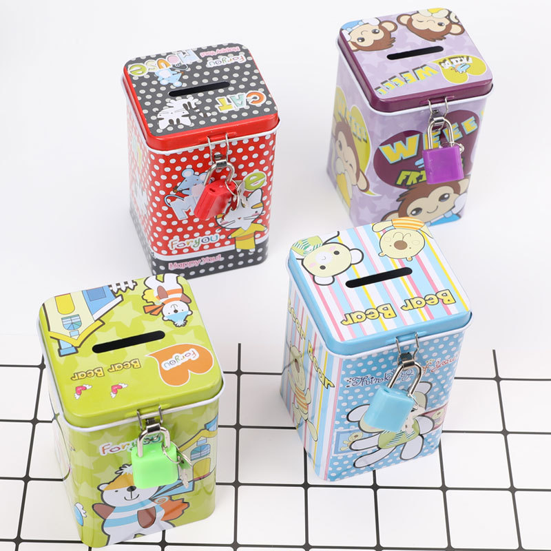 TOPSTHINK Cat Mouse Monkey Bear Square Kids Metal Tinplate Money Saving Box Piggy Bank Coin Bank With Lock And Keys