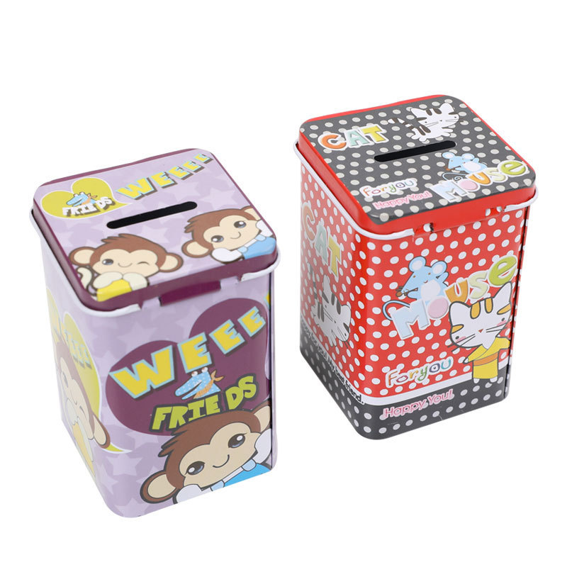 TOPSTHINK Cat Mouse Monkey Bear Square Kids Metal Tinplate Money Saving Box Piggy Bank Coin Bank With Lock And Keys