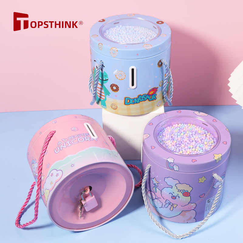 TOPSTHINK cute money box top foam ball portable coin box unicorn piggy bank with lock handle for kids