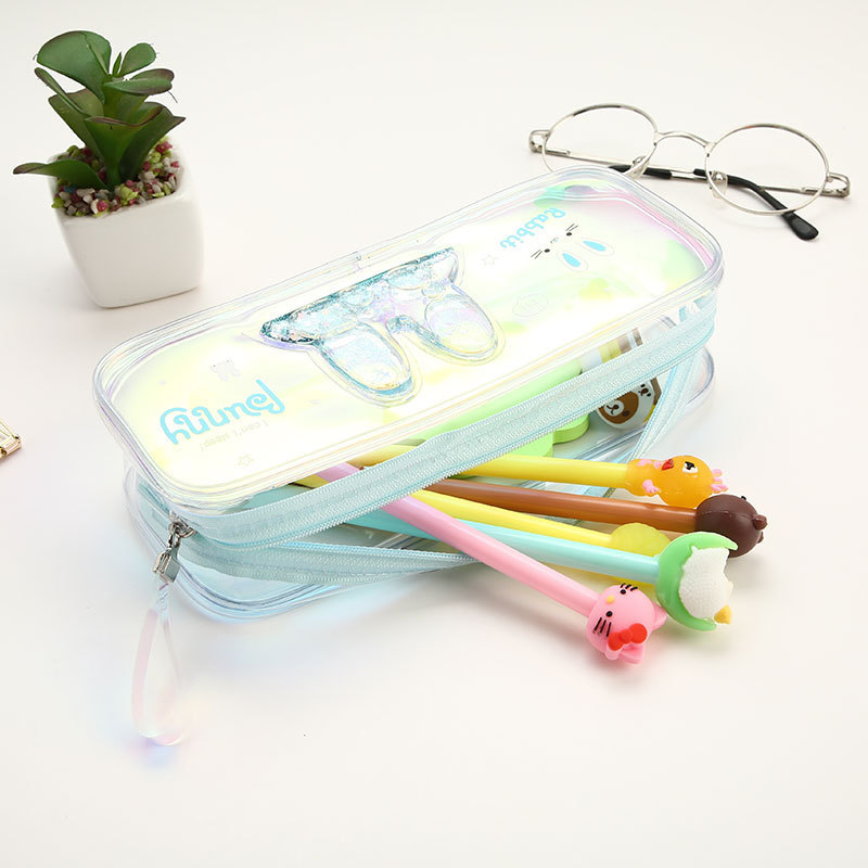 TOPSTHINK Laser clear pencil bag transparent quicksand cute rabbit PVC school pencil case zipper