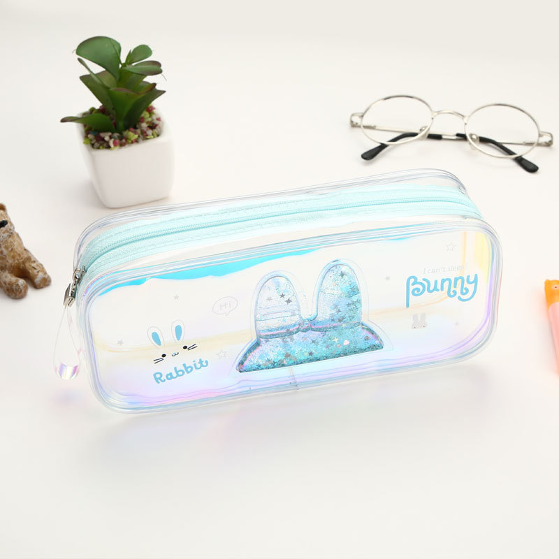 TOPSTHINK Laser clear pencil bag transparent quicksand cute rabbit PVC school pencil case zipper