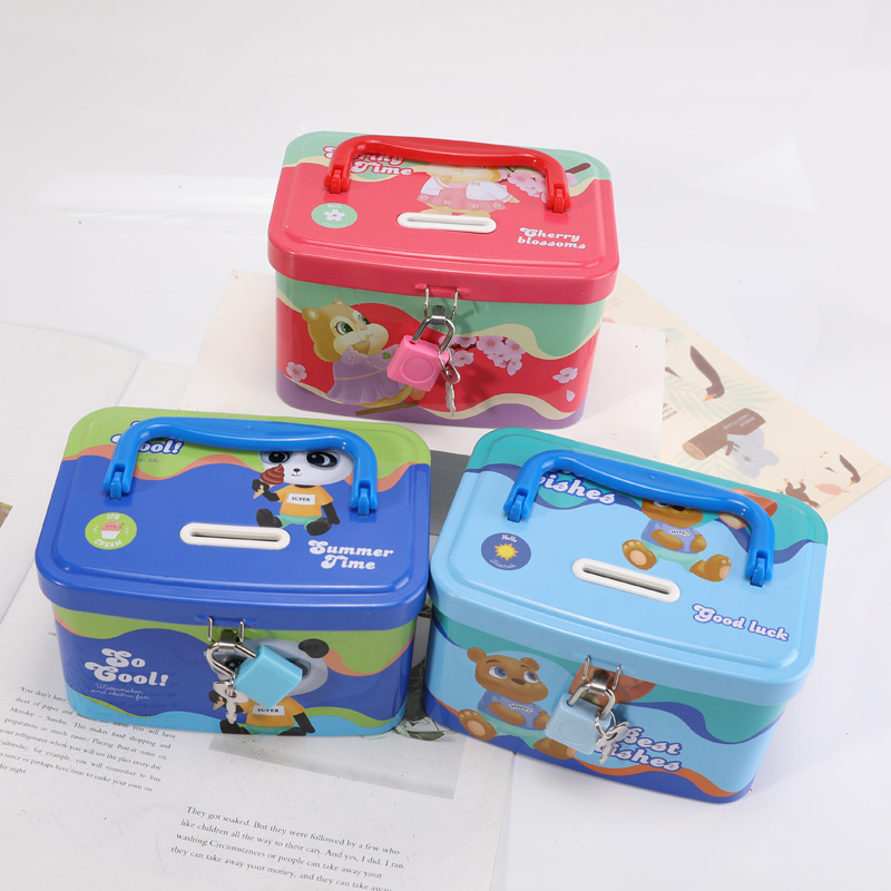 TOPSTHINK Portable handle animal tinplate box kids piggy bank with flip lock