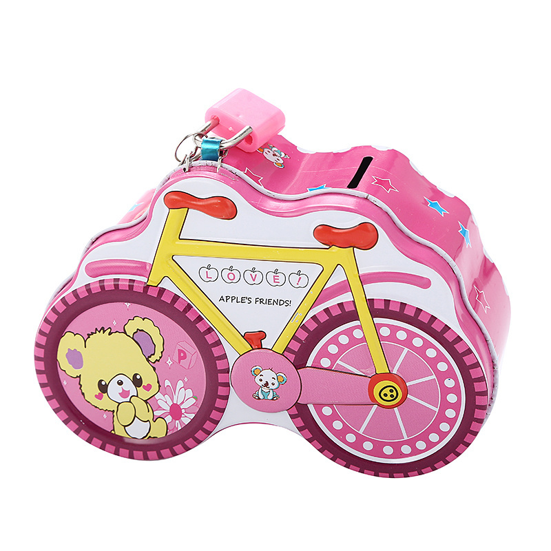 TOPSTHINK 2019 new Bike cartoon metal piggy bank  tin coin bank with lock and key