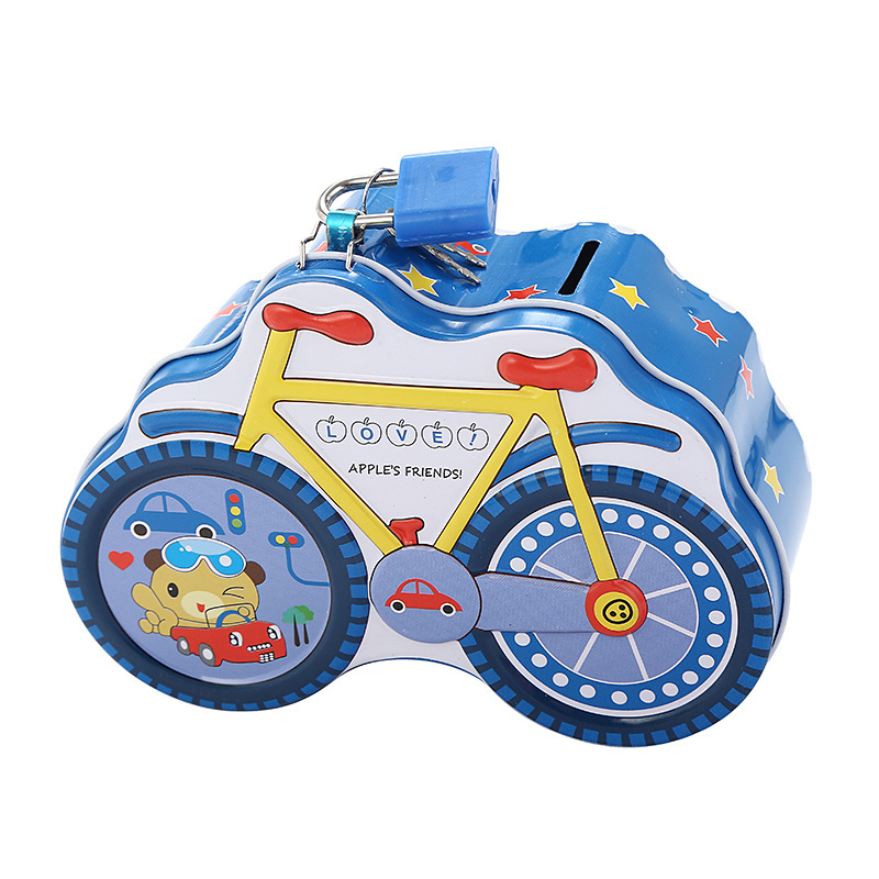 TOPSTHINK 2019 new Bike cartoon metal piggy bank  tin coin bank with lock and key