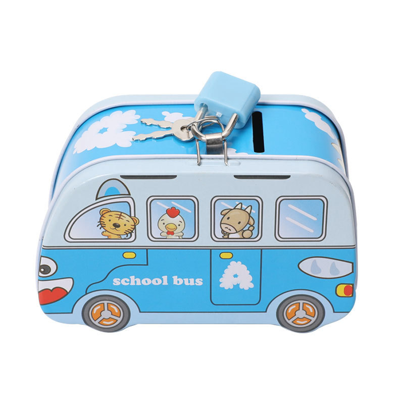 TOPSTHINK Wholesale kids bus piggy bank metal coin bank money saving box with lock and key for kids