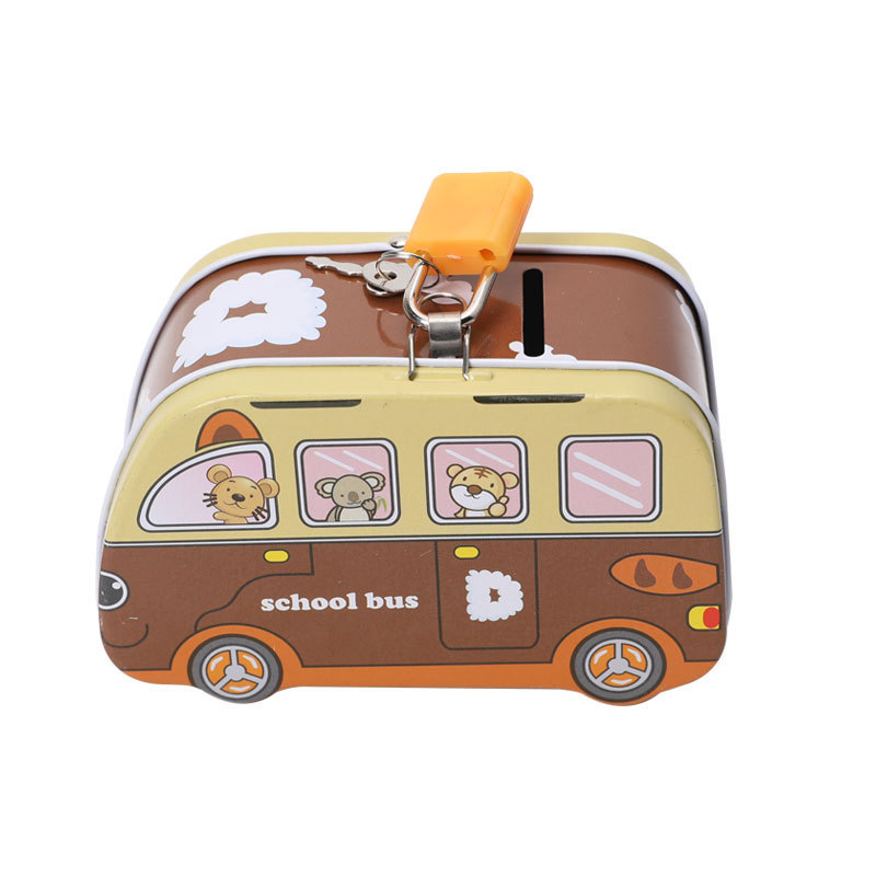 TOPSTHINK Wholesale kids bus piggy bank metal coin bank money saving box with lock and key for kids