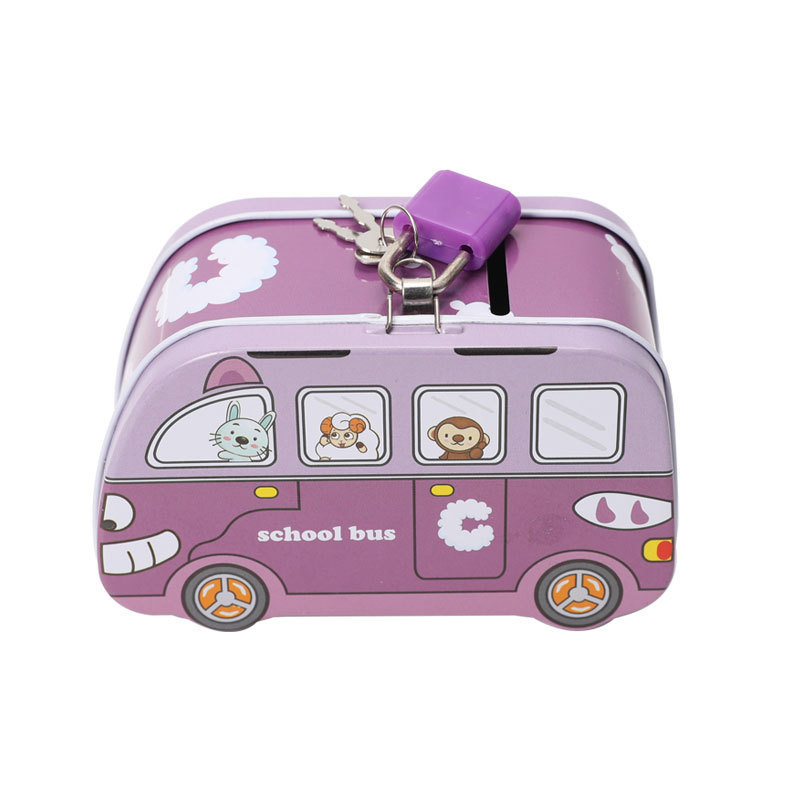 TOPSTHINK Wholesale kids bus piggy bank metal coin bank money saving box with lock and key for kids