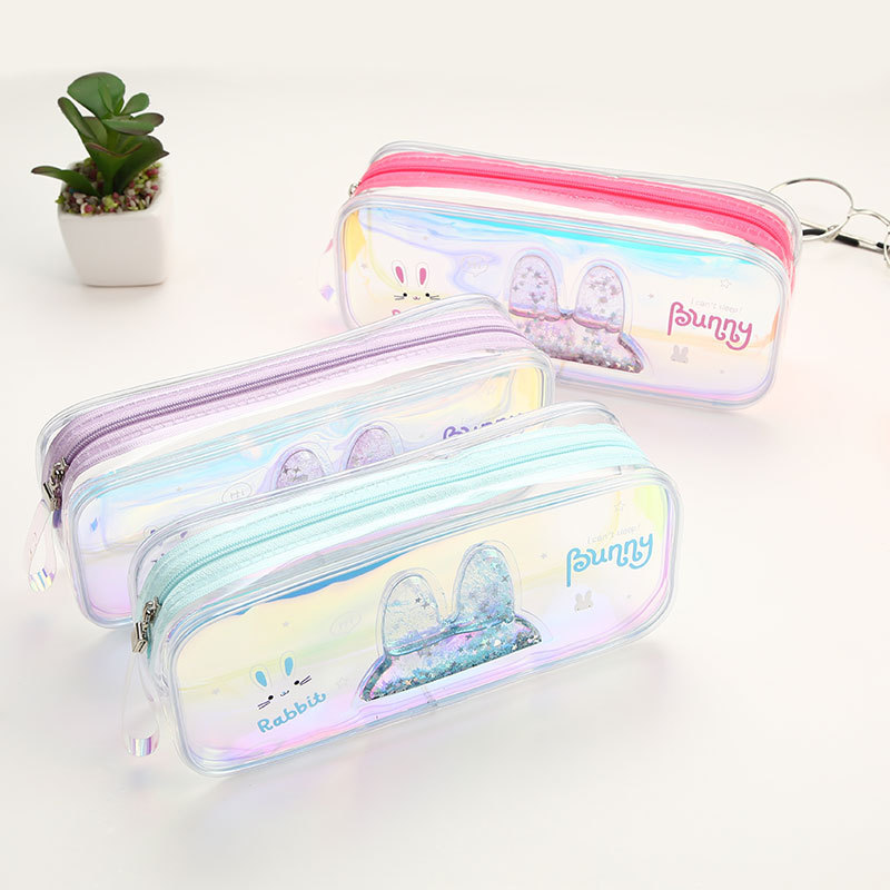 TOPSTHINK Laser clear pencil bag transparent quicksand cute rabbit PVC school pencil case zipper