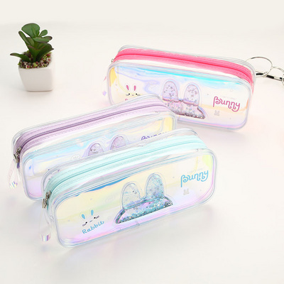 TOPSTHINK Laser clear pencil bag transparent quicksand cute rabbit PVC school pencil case zipper