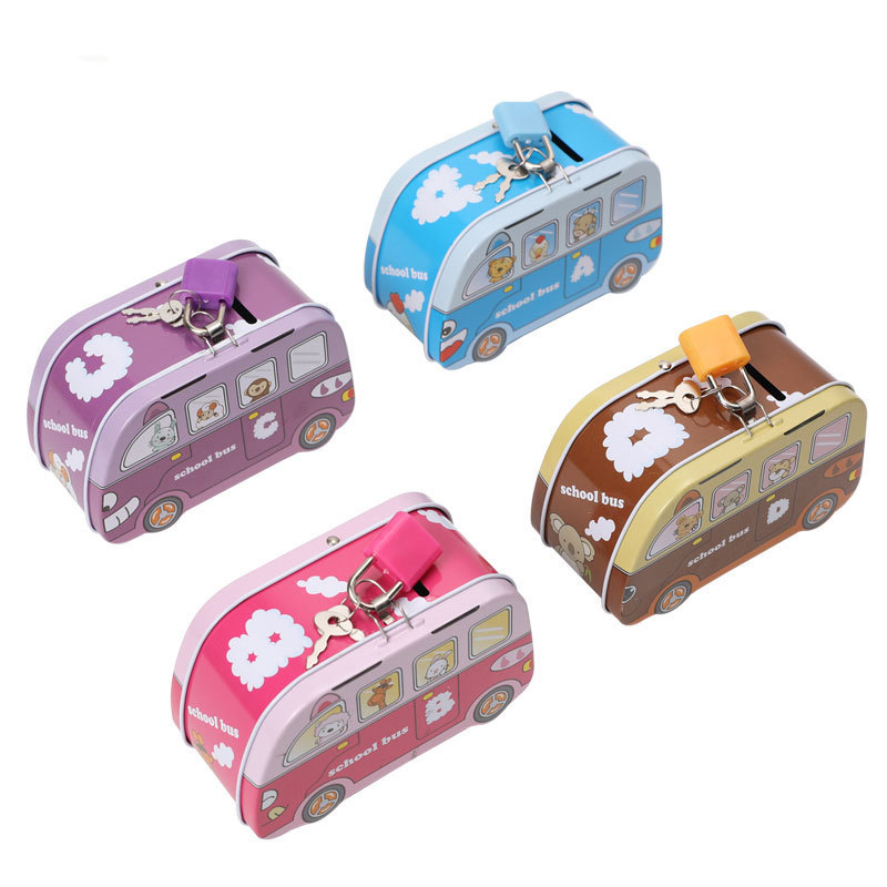 TOPSTHINK Wholesale kids bus piggy bank metal coin bank money saving box with lock and key for kids