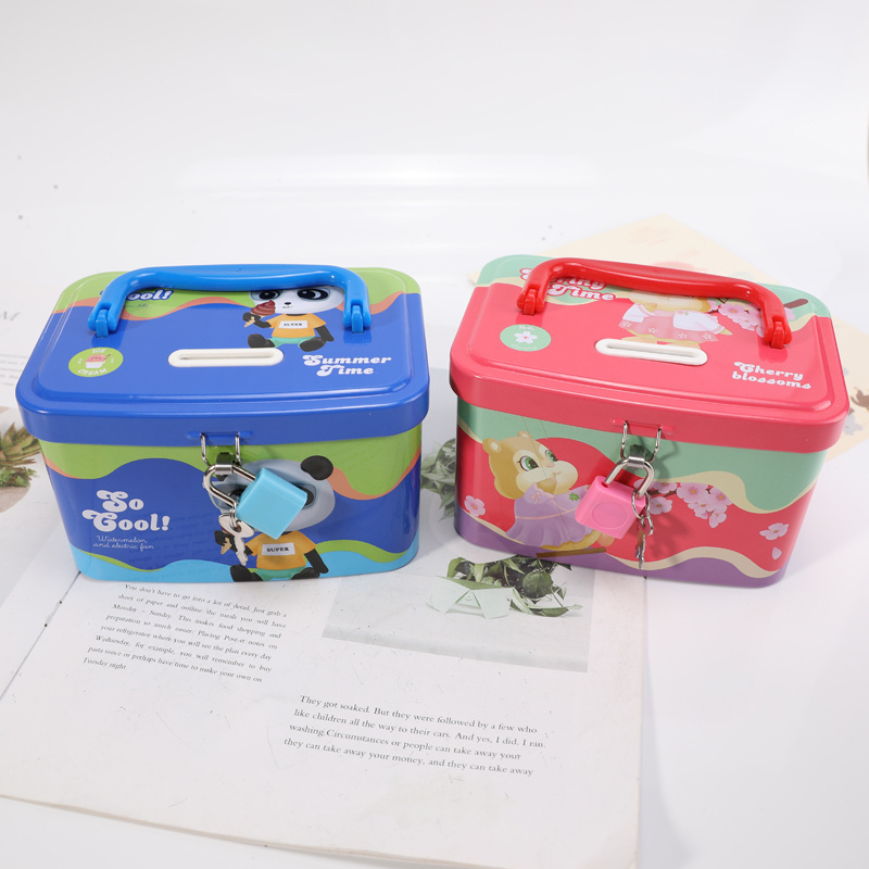 TOPSTHINK Portable handle animal tinplate box kids piggy bank with flip lock