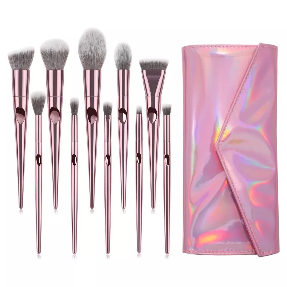 Make Up Brush Set  Finger Handle 10pcs Rose Golden Glitter Handle Makeup Vegan Brushes With Pu Bag