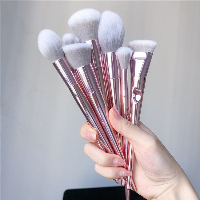 Make Up Brush Set  Finger Handle 10pcs Rose Golden Glitter Handle Makeup Vegan Brushes With Pu Bag