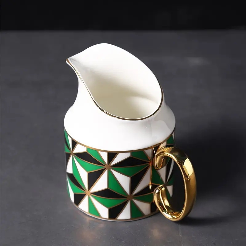 Luxury Handmade Porcelain Green Geometric Pattern Afternoon Tea Coffee Pot Cup Set