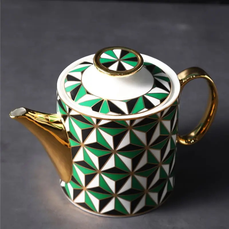 Luxury Handmade Porcelain Green Geometric Pattern Afternoon Tea Coffee Pot Cup Set