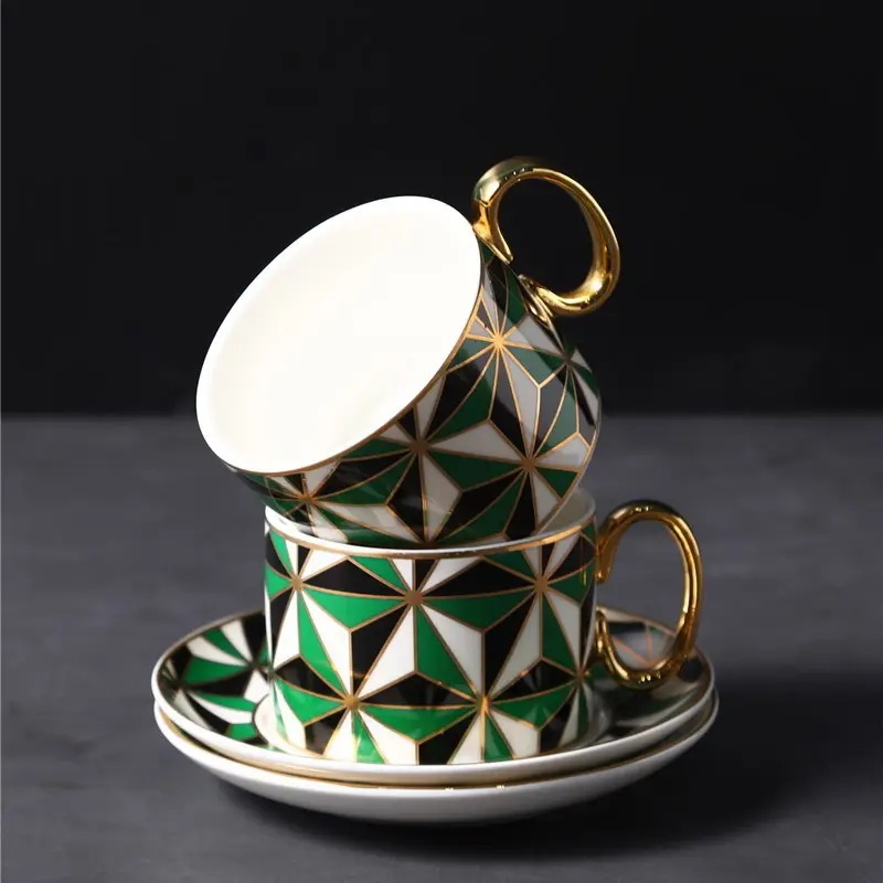 Luxury Handmade Porcelain Green Geometric Pattern Afternoon Tea Coffee Pot Cup Set