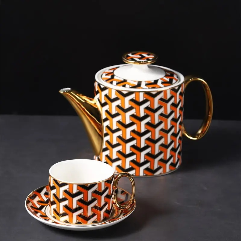 Luxury Handmade Porcelain Green Geometric Pattern Afternoon Tea Coffee Pot Cup Set