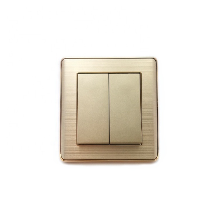 Gold Color British Standard 2 gang 2 way Luxury Household Electrical Wall Switch with Aluminum Plate