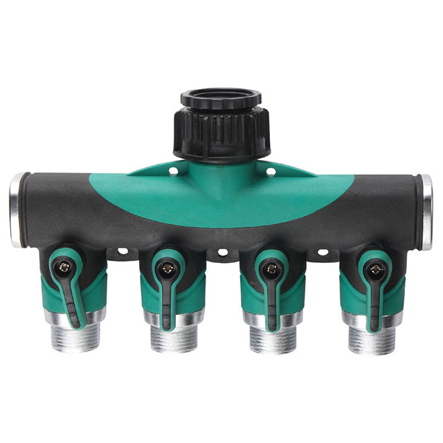 Garden Water Connectors, Metal Plastic 4 way faucet manifold with Shut Off, inlet hose Y splitters