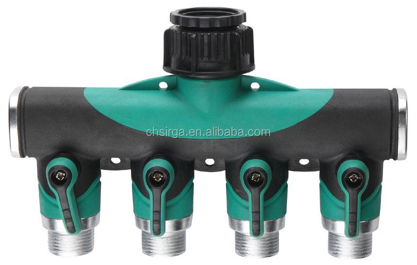 Garden Water Connectors, Metal Plastic 4 way faucet manifold with Shut Off, inlet hose Y splitters