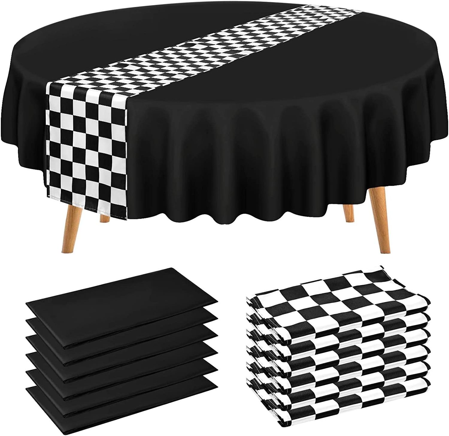 Bulk Party Round Table Cloth Cover Black White Checkered Runway Customizable Waterproof Oil Disposable Plastic Tablecloth