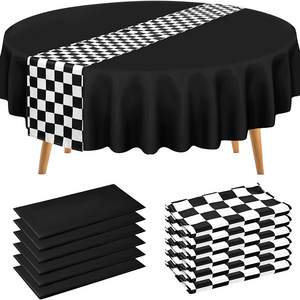 Bulk Party Round Table Cloth Cover Black White Checkered Runway Customizable Waterproof Oil Disposable Plastic Tablecloth