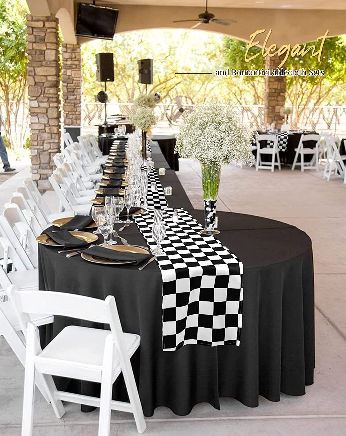 Bulk Party Round Table Cloth Cover Black White Checkered Runway Customizable Waterproof Oil Disposable Plastic Tablecloth