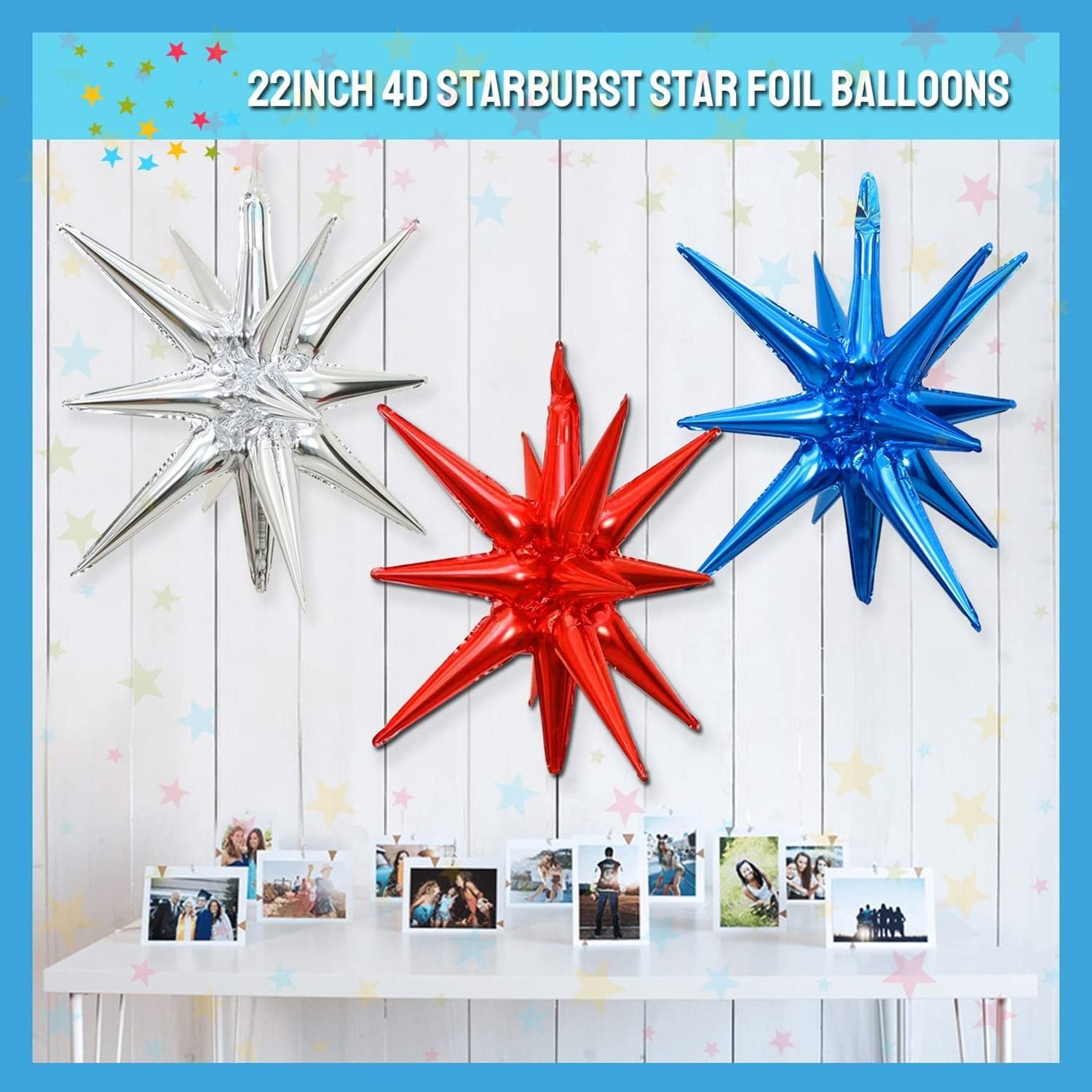 Blue White Red 4D Starburst Star 4th July Patriotic Decorations Baseball Birthday Party Garland Foil Latex Confetti Arch Balloon