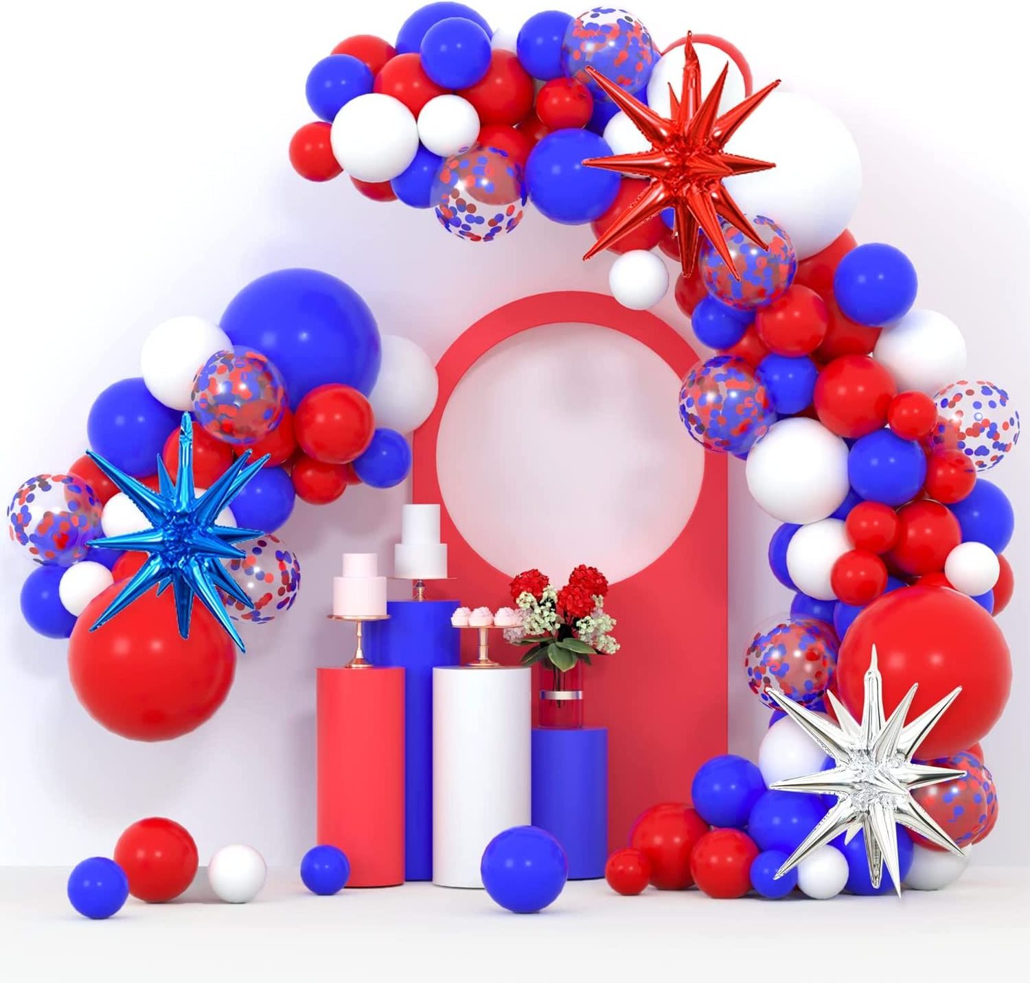 Blue White Red 4D Starburst Star 4th July Patriotic Decorations Baseball Birthday Party Garland Foil Latex Confetti Arch Balloon